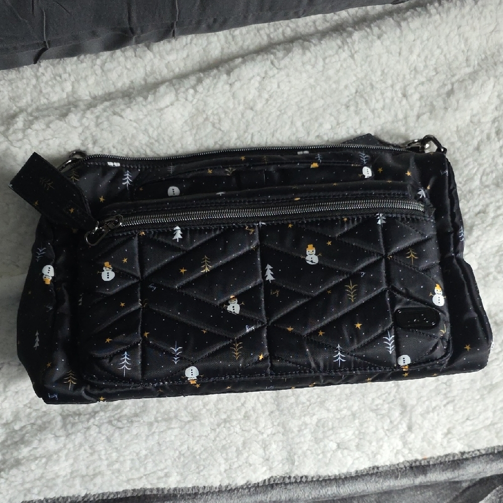 Lug Black Quilted Crossbody with Snowman and Tree Design NWOT